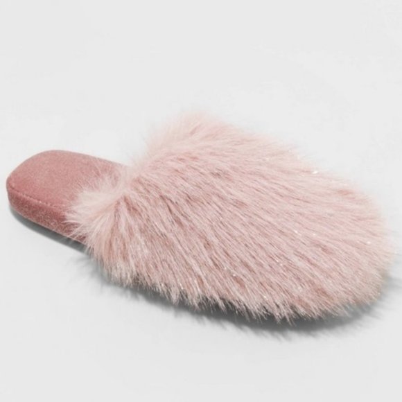 NWT Harlow Slide Pink & Silver Fluffy Glitter Slippers - Picture 1 of 7